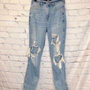 Hollister Distressed Smiley Face Blue Jeans Size 00R Waist 23 Length 27